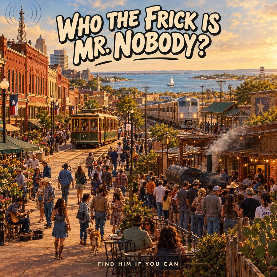 Who the Frick Is Mr. Nobody? cover: a crowded Fort Worth street at golden hour, with one quiet figure hiding somewhere in it